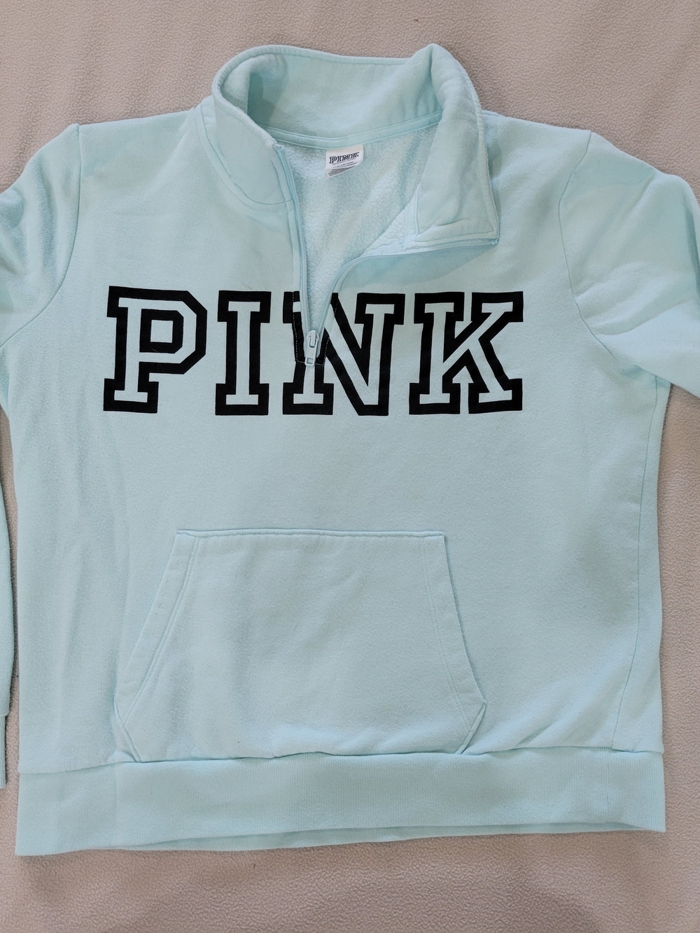 PINK Victoria's Secret Mint Green Quarter-Zip Pullover with Black Logo